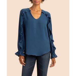 Trina Turk Owl Ruffle Sleeve Long Sleeve Blouse Blue Sz XS | Preppy Office Flowy